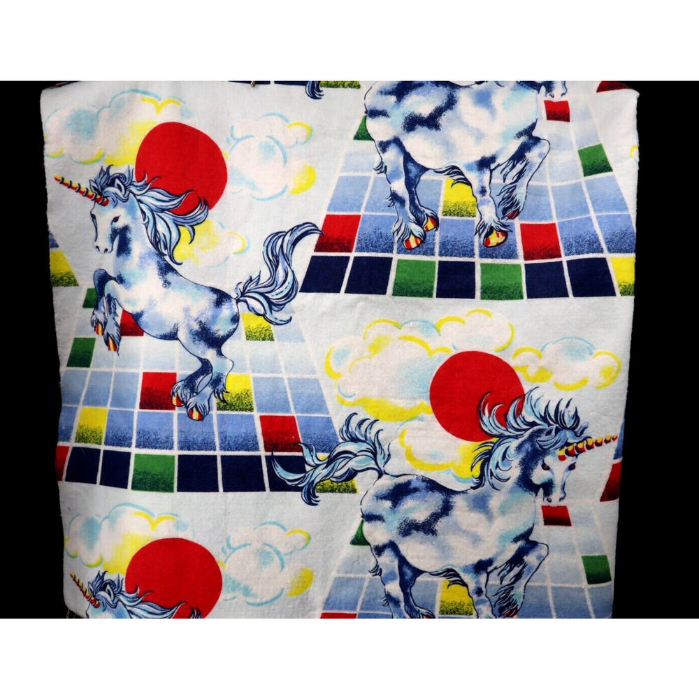 Vintage Dancing Unicorn Red Blue Yellow Graphic Blanket 70x90 Owen USA Rare